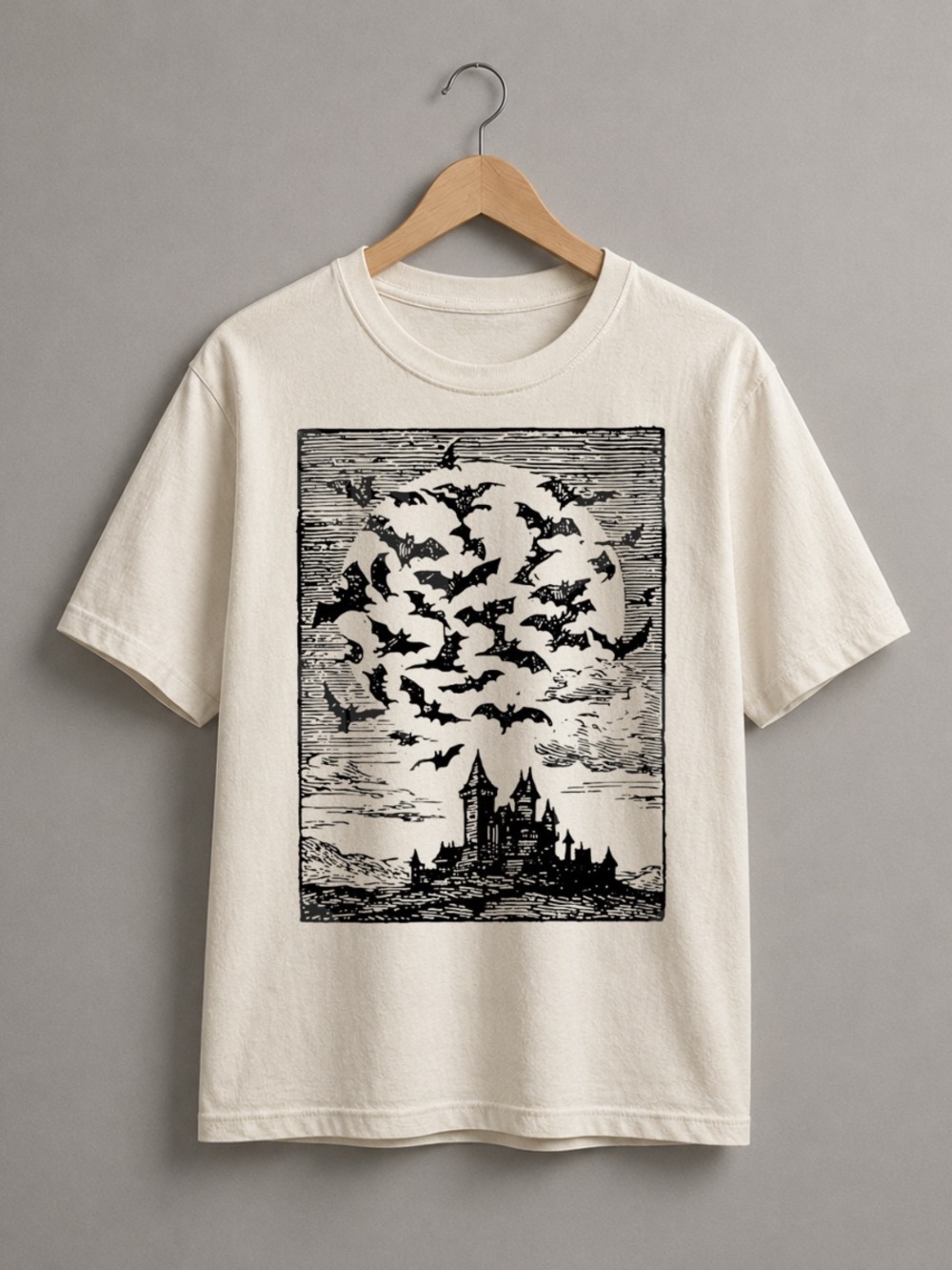 Off White Short Sleeve Tee with Black Bat Castle Graphic